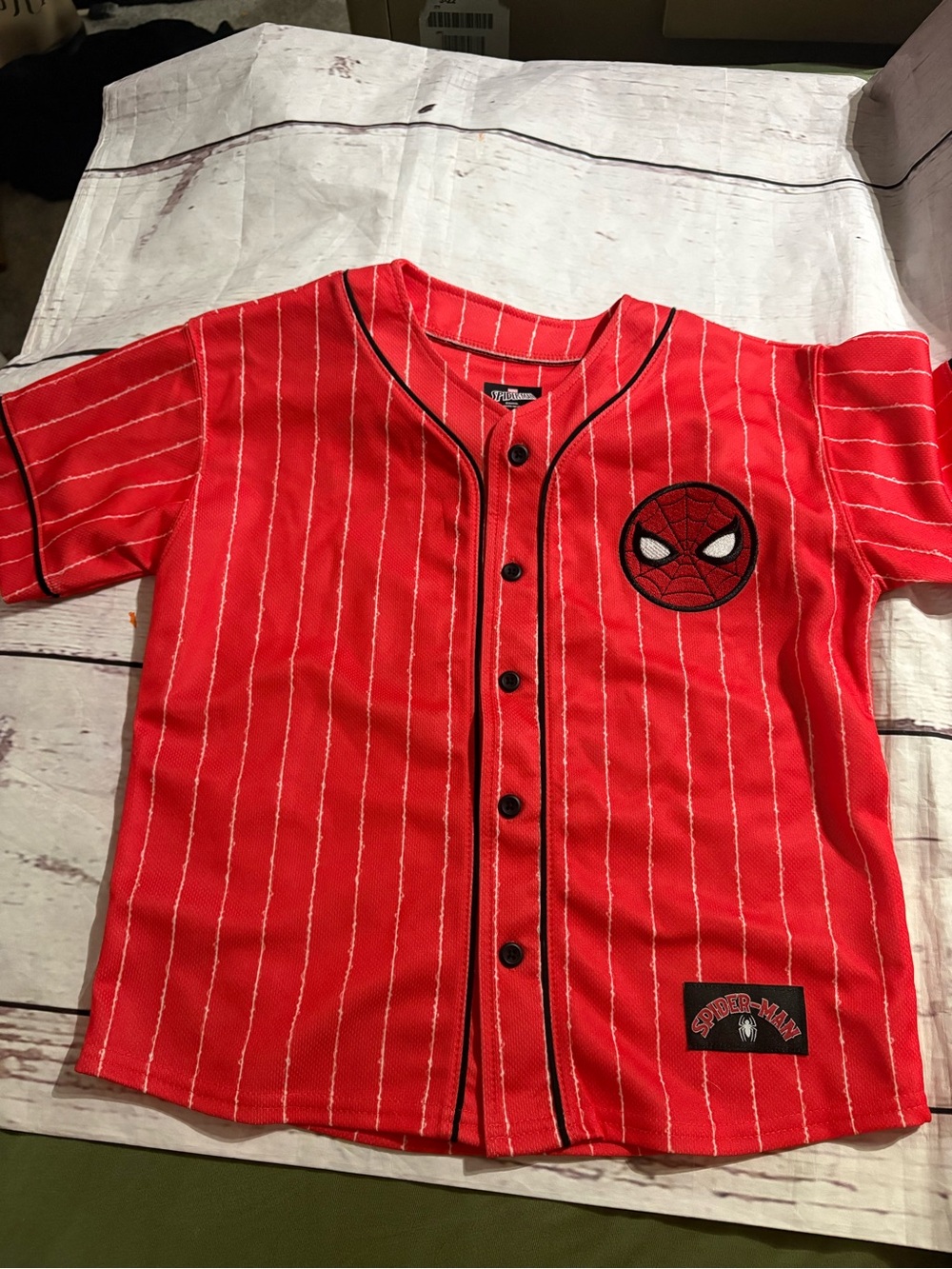 Spiderman Red Pinstripe Kids Button-Up Jersey size 8 nwot